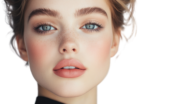 Close-Up Portrait of Young Woman with Natural Makeup, Freckles, and Beautiful Blue Eyes on Dark Background