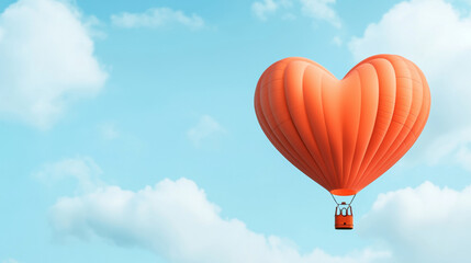 Fototapeta premium vibrant orange heart shaped hot air balloon floats against clear blue sky, evoking feelings of love and adventure. Valentines Concept