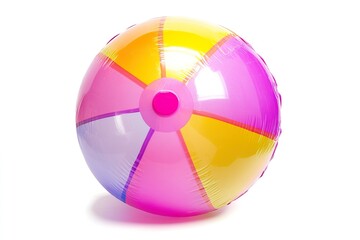 Obraz premium beach ball with pink, lilac and yellow stripes, white background