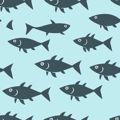 Seamless pattern of minimalist food icons featuring cartoon fish underwater environment fun and playful design