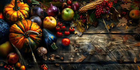 Naklejka premium Autumn Produce Display on Rustic Wood