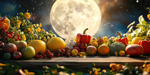 Fototapeta premium Harvest Produce Display with Full Moon Background