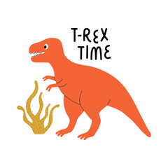 Cute dinosaur tyrannosaurus character and hand drawn text T-Rex Time. Design element for print, greeting card, invitation, book
