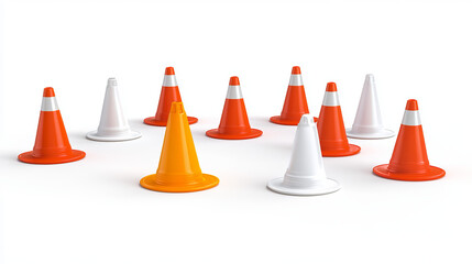 Traffic cone mockups set isolated on white background. Vector realistic illustration of red, orange and white striped warning sign, safety barrier for accident scene, construction site, attention