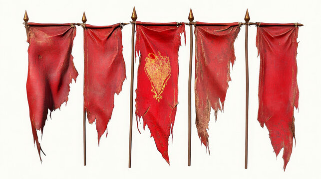 Torn royal medieval red game flag cartoon vector set. Old fabric tattered blank standard pennant for battle military symbol. Ragged and worn isolated army element. Historical vertical sign of power.