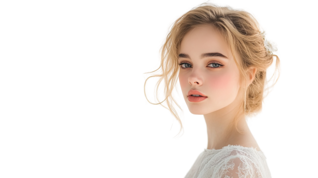 Captivating Young Woman with Soft Makeup and Elegant Hairstyle in Romantic White Dress Posing Against a Neutral Background