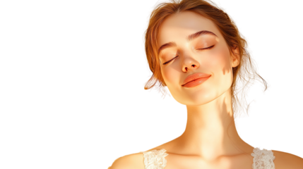 Young woman enjoying sunlight with closed eyes and natural beauty in a serene outdoor setting, captured in soft light and warm tones