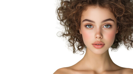 Obraz premium Portrait of a young woman with curly hair showcasing natural beauty and flawless skin against a dark background