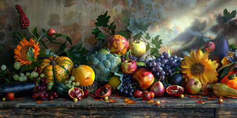 Still Life Arrangement of Autumnal Fruits and Vegetables