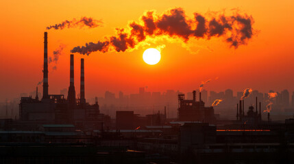 Fototapeta premium Industrial skyline at sunset with smoke rising from factories, creating dramatic scene
