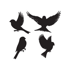 sparrow vector illustration style flat black silhouette, silhouette of sparrow or titmouse in different poses, black and white, sparrow icon or logo illustration