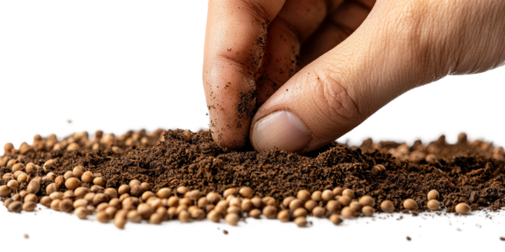 Hand Sowing Seeds in Soil for Gardening or Agriculture Isolated on transparent background