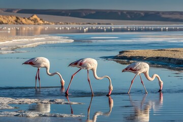 Obraz premium Pink Flamingos Feeding in Shallow Tropical Water 