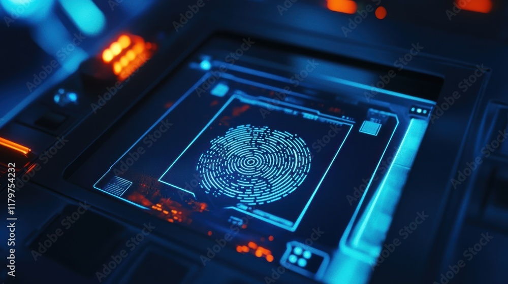 Poster futuristic fingerprint scanner verifying identity on an advanced interface, showcasing technology, s