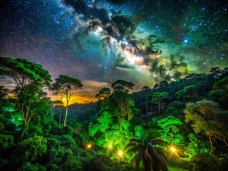 Lush Amazon Rainforest at Night, Long Exposure Starry Sky, Vibrant Green Canopy