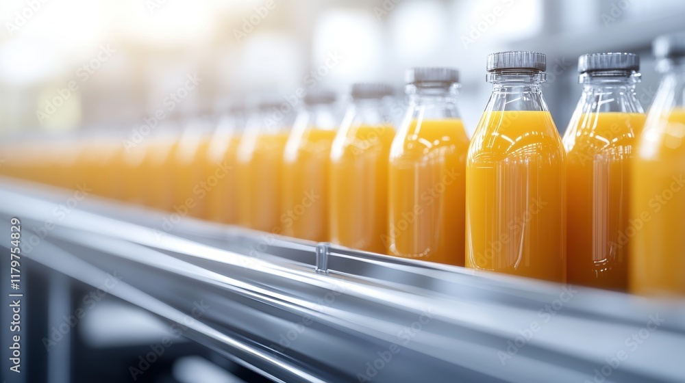 Poster vibrant bottles of freshly squeezed orange juice on a production conveyor in a bright and inviting j