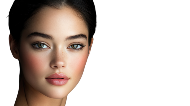 Close-up Portrait of a Young Woman with Natural Makeup and Beautiful Features Captured on a Solid Black Background