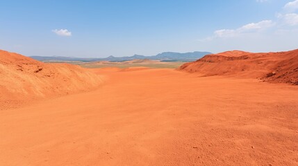 Fototapeta premium Stunning Mars-Like Landscape of Riotinto Mines with Red Earth and Distant Mountains Under Clear Blue Sky Perfect for Surreal and Sci-Fi Themes in Arid Environment with Unique Geology