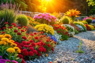 Lush Blooming Flower Beds in Gravel Garden Design - Springtime Landscaping