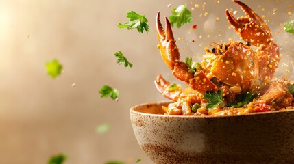 Burst of Flavor - Crab Curry Explosion in Porcelain Bowl with Fresh Herbs Floating, Cinematic Tones and Side Lighting