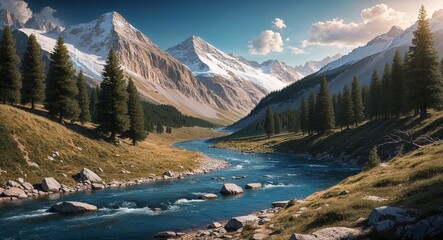Obraz premium A highaltitude river flowing through a deep valley lined with alpine trees