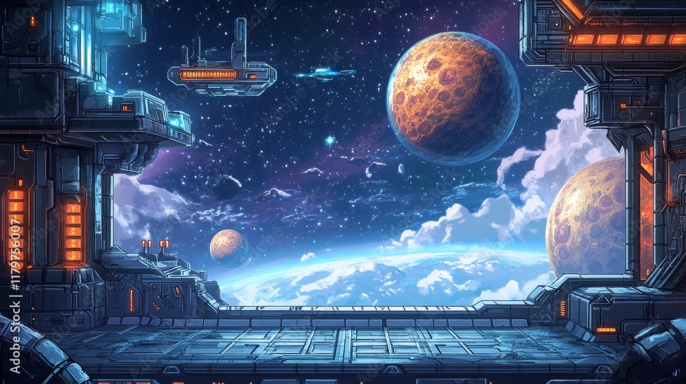 Poster space game level background with platforms. vector cartoon illustration of universe with alien plane