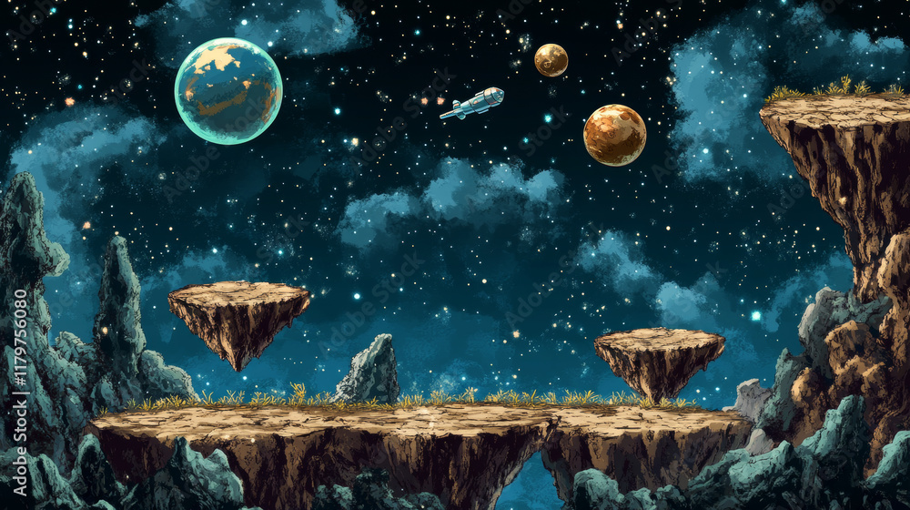 Poster space game level background with platforms. vector cartoon illustration of universe with alien plane