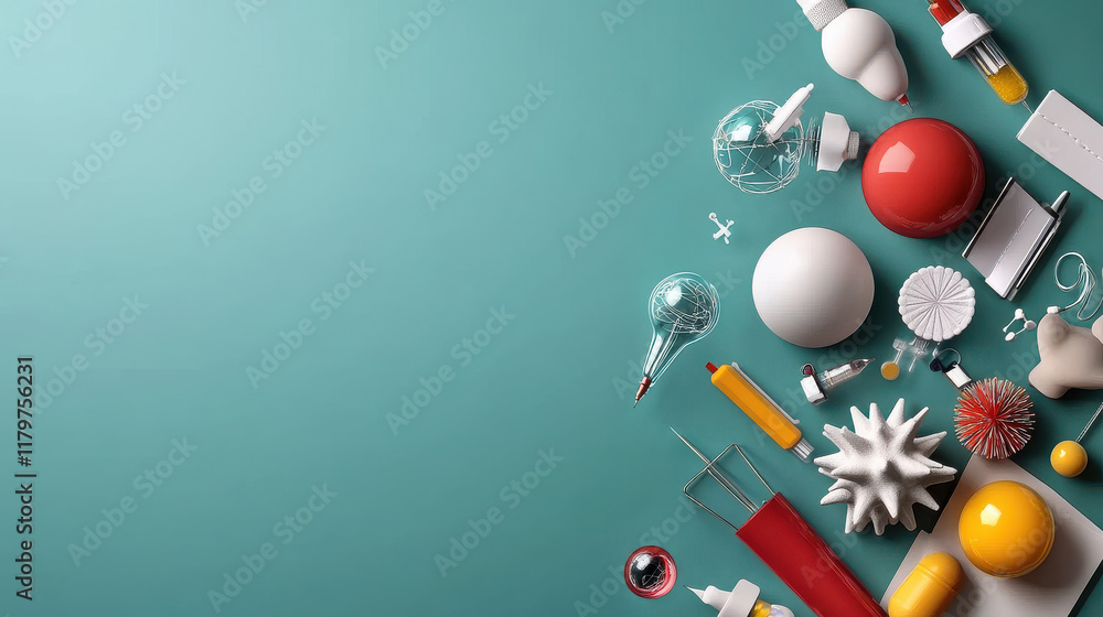 Aufkleber creative arrangement of colorful objects on teal background, showcasing various shapes and textures.