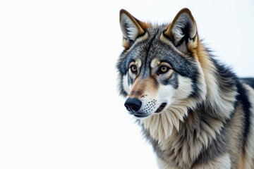 Lone gray wolf, intense stare, white backdrop, canine, beast