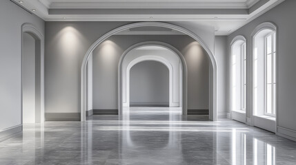Empty 3d interior space with monochromatic gray surfaces. Minimalist room with smooth walls, clean floor and rounded archway entrance. Mockup for architectural presentations or product placement.