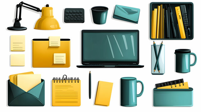 Desk workspace essentials laptop, stationery, storage, lighting, for productivity.