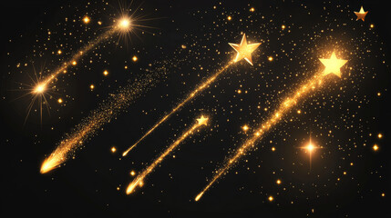 Gold star with magic curve trail on transparent background. Realistic vector illustration set of bright glowing twinkle with flare tail and sparkles. Motion of falling and shooting fairy meteor.