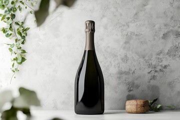 Sparkling wine bottle against a light backdrop