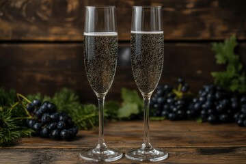 Sparkling wine in cups grapes on vines rustic wood backdrop blurred focus