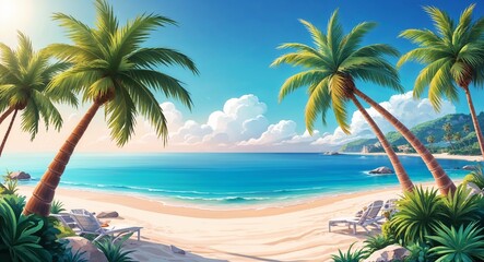 A peaceful coastal beach surrounded by palm trees and pristine waters