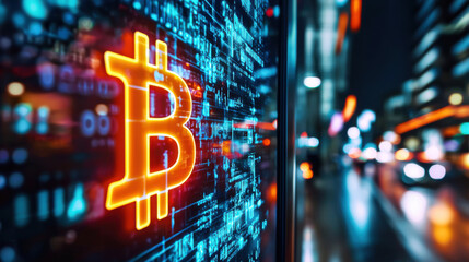illuminated Bitcoin symbol against digital backdrop, showcasing technology and finance in vibrant urban setting