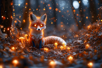 Enchanted Forest: Glowing Fox Amidst Magical Lights and Mushrooms