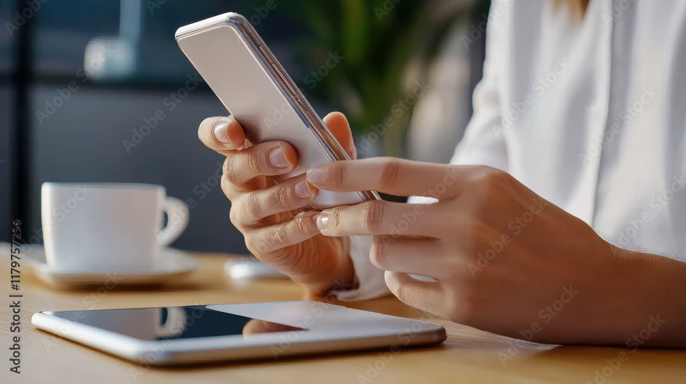 Poster person using smartphone while sitting at table with tablet and cup of coffee. scene reflects modern 