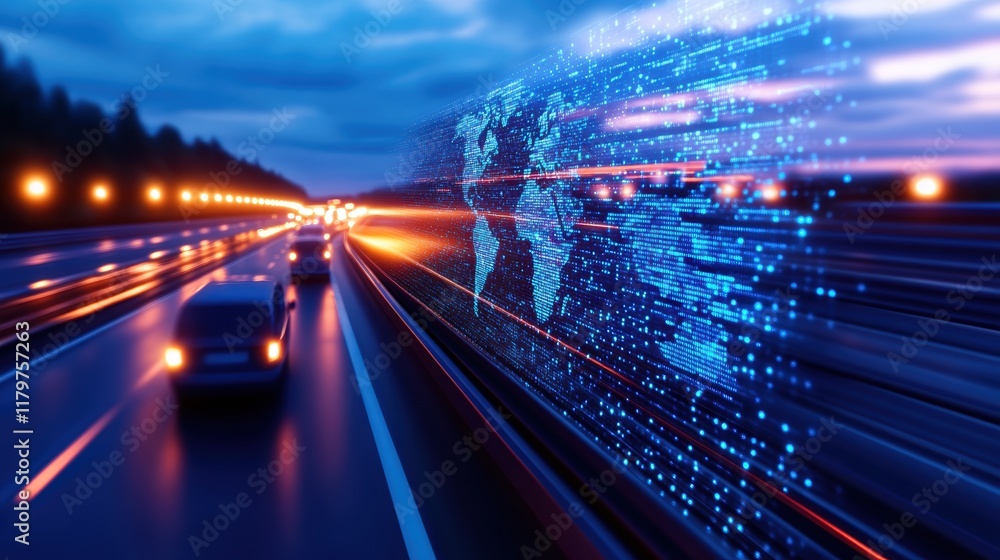 Poster dynamic journey on open highway with vehicle navigating using digital map technology for modern trav