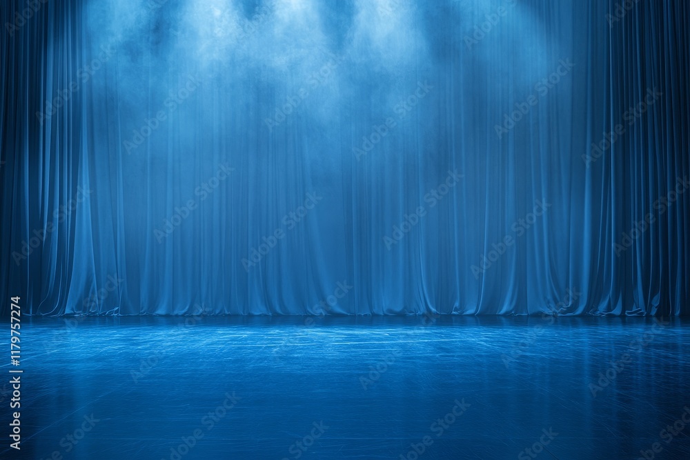 Aufkleber a serene blue stage background with soft fog and draped curtains creating a mystical atmosphere for 