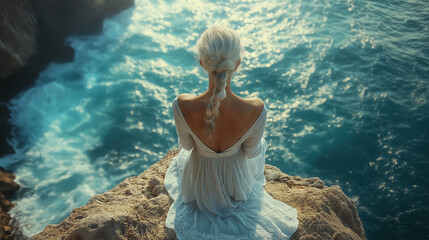 Woman in White Dress Sitting on Cliff above Turquoise Ocean