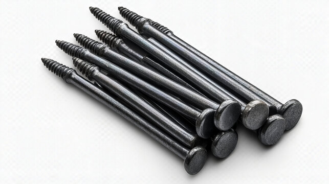 Nails heads top view, steel metal pins with checkered ornament, spikes hardware grey caps with grooves, new hobnails isolated on transparent background. Realistic 3d vector illustration, icons set