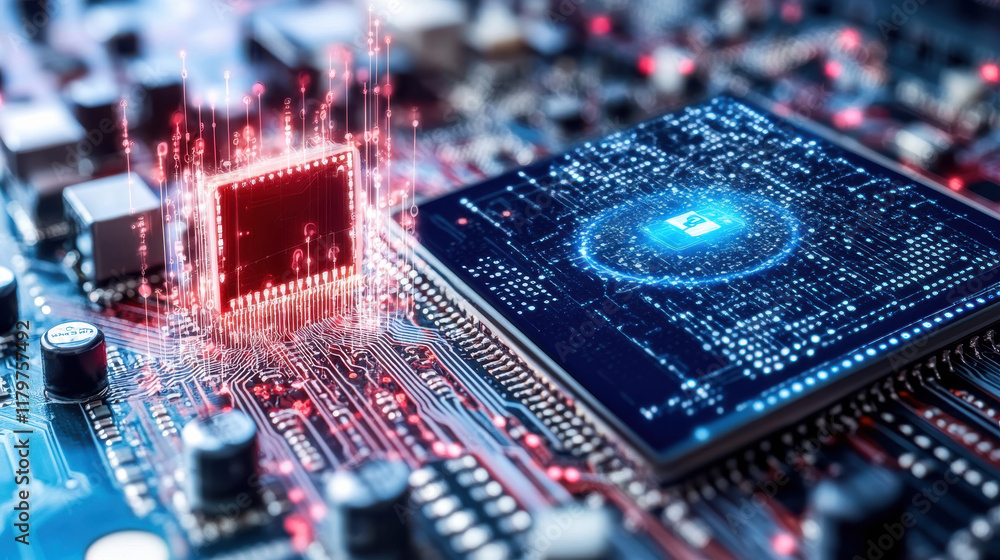 Poster image showcases close up view of circuit board featuring microchips and digital elements, emphasizin