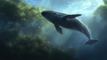 Naklejka premium conservation and wildlife concept. A majestic whale swims gracefully through a serene underwater environment.