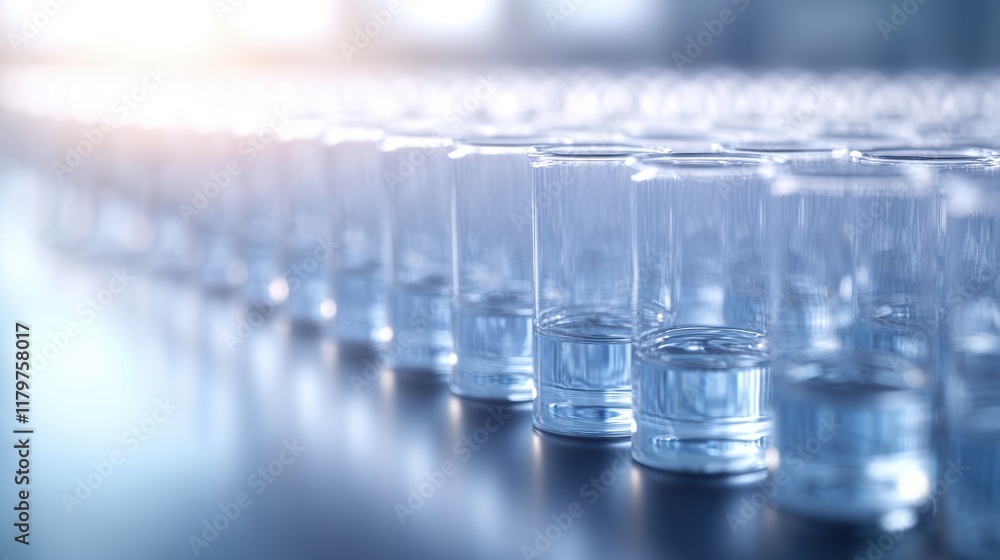 Poster elegant row of transparent glass beakers with soft light reflections creating a scientific and artis