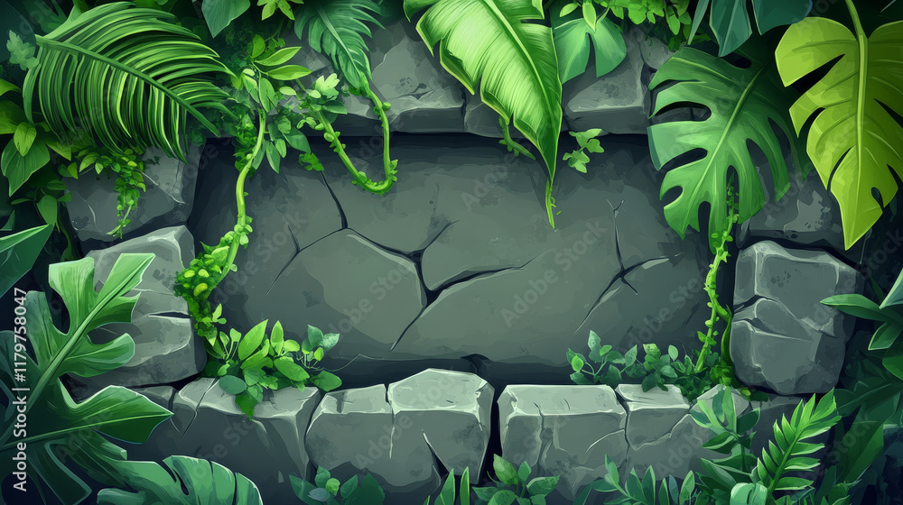 Poster jungle game stone ui frame cartoon vector icon. forest leaf and liana on rock progress bar. menu but