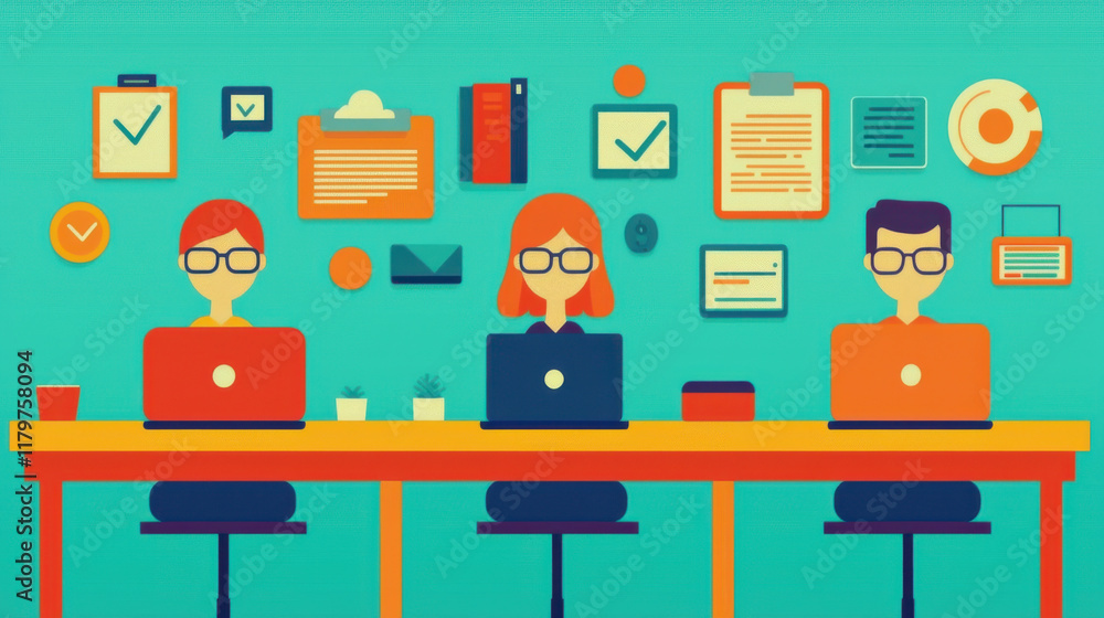 Poster collaborative workspace with three individuals using laptops, surrounded by colorful office elements