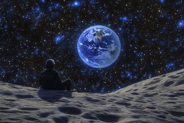 Fototapeta premium A Solo Traveler Gazes at Earth from the Surface of the Moon Under a Starry Sky, Capturing the Beauty of Space Exploration and the Sense of Wonder