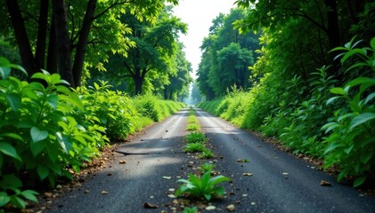 Fototapeta premium Overgrown vegetation reclaims cracked asphalt streets , overgrown, nature