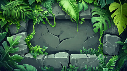 Jungle game stone ui frame cartoon vector icon. Forest leaf and liana on rock progress bar. Menu button element for interface design. Fantasy tropic aztec health slider illustration with vine border